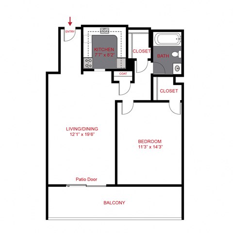 Floor plan for 1 bed, 1 bath, 685 sqft